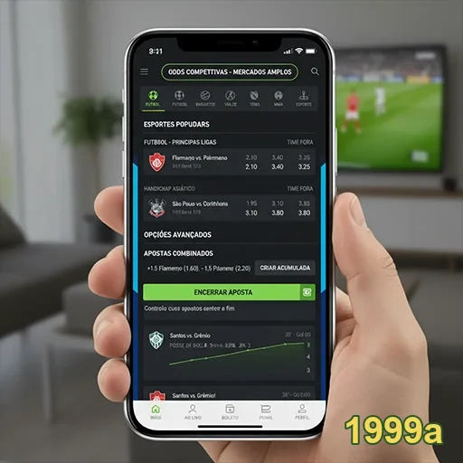 Apostas esportivas em celular no site 1999a, com interface amigável e opções de jogos.